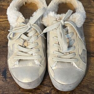 ShuShop Fur Slide Sneaker Women 6 Slip On Cream Suede with a Star and Sheen